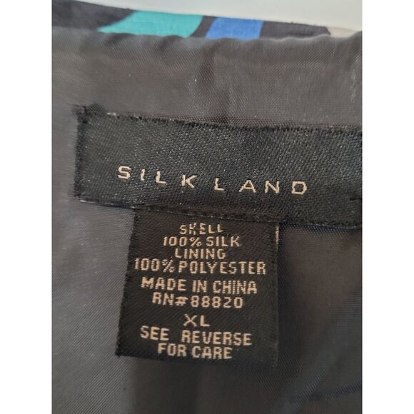 Silk Land Womens Jacket XL Silk Floral Pattern Big Button Lined Blue Black Class - Picture 3 of 9